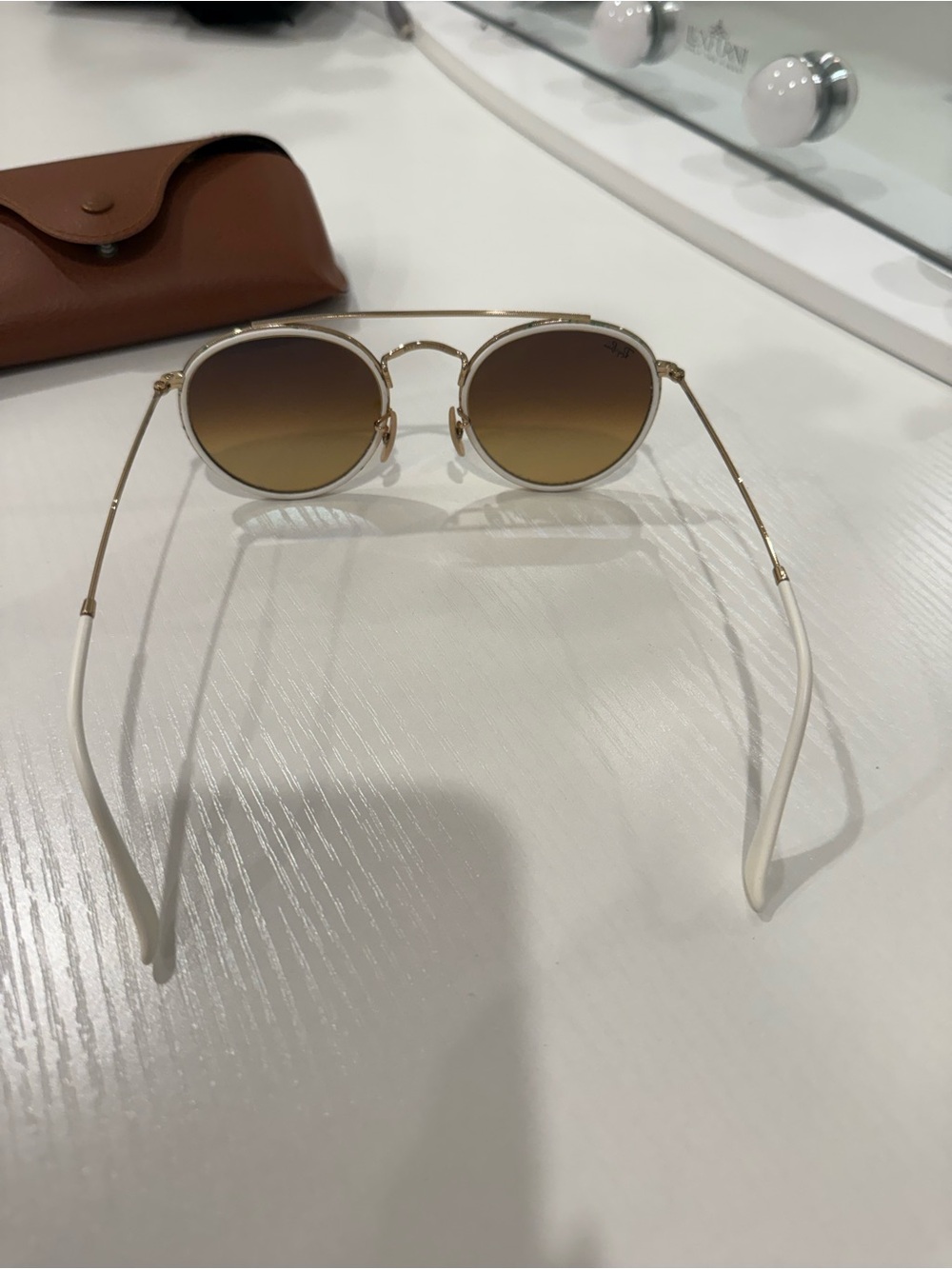 Round Double Bridge Ray Ban Gold Frame Blue Gradient Lens Sunglasses - Picture 7 of 11